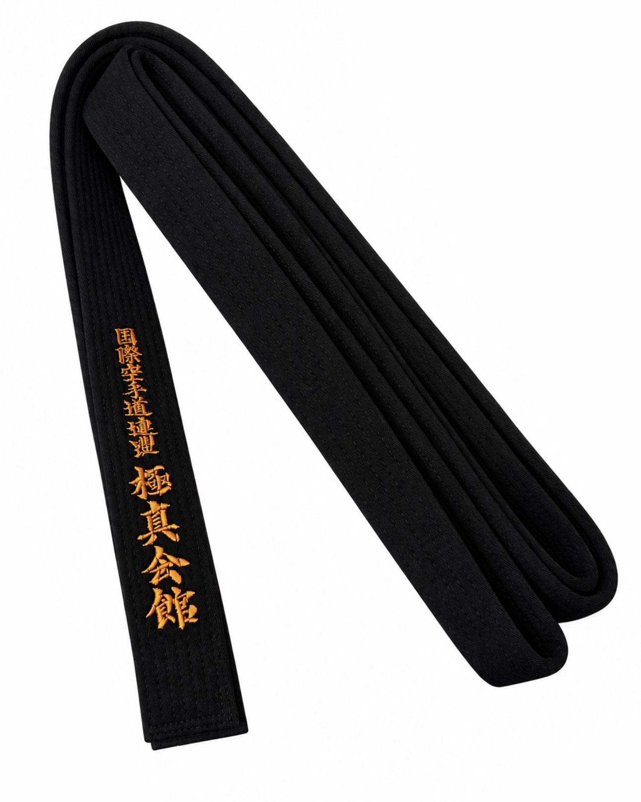Schwarzer Karategürtel, orange-gold bestickt, „Kyokushinkai Karate-Do Renmei“ 290 cm (%SALE)