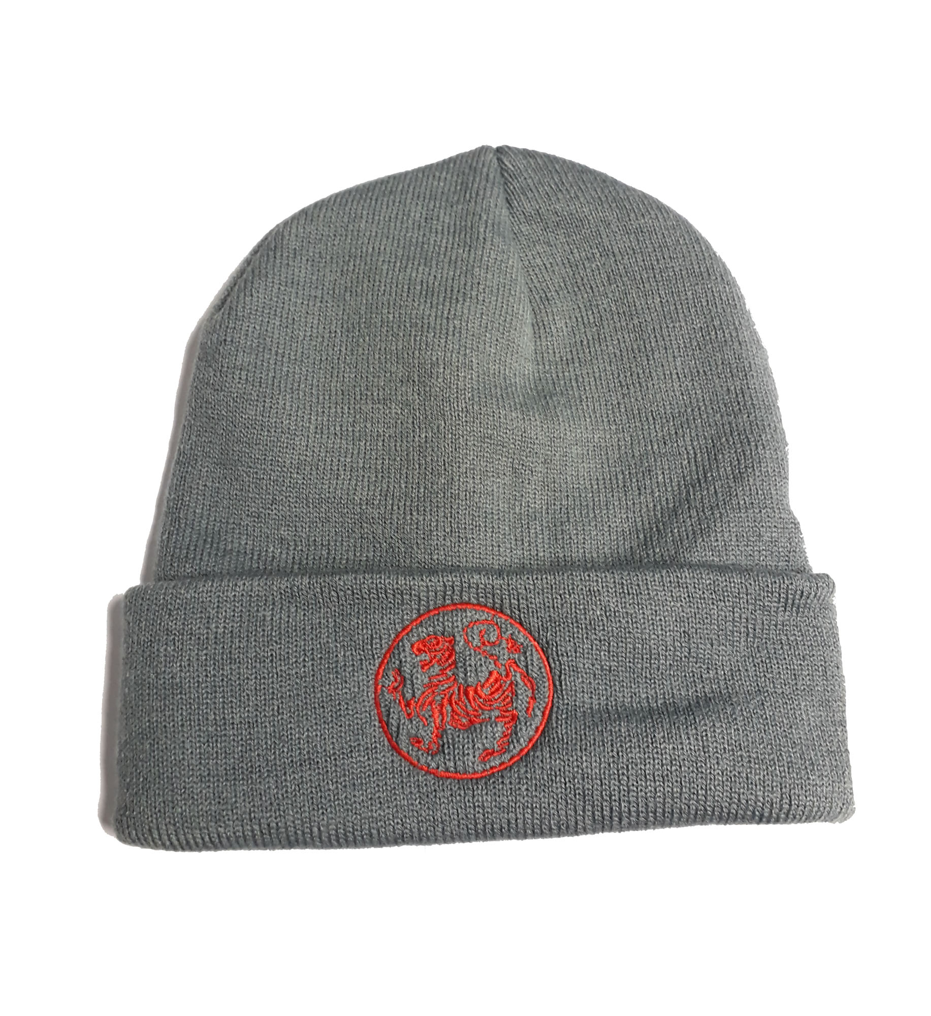 Winter Wollmütze grau bestickt Shotokan Karate Tiger rot