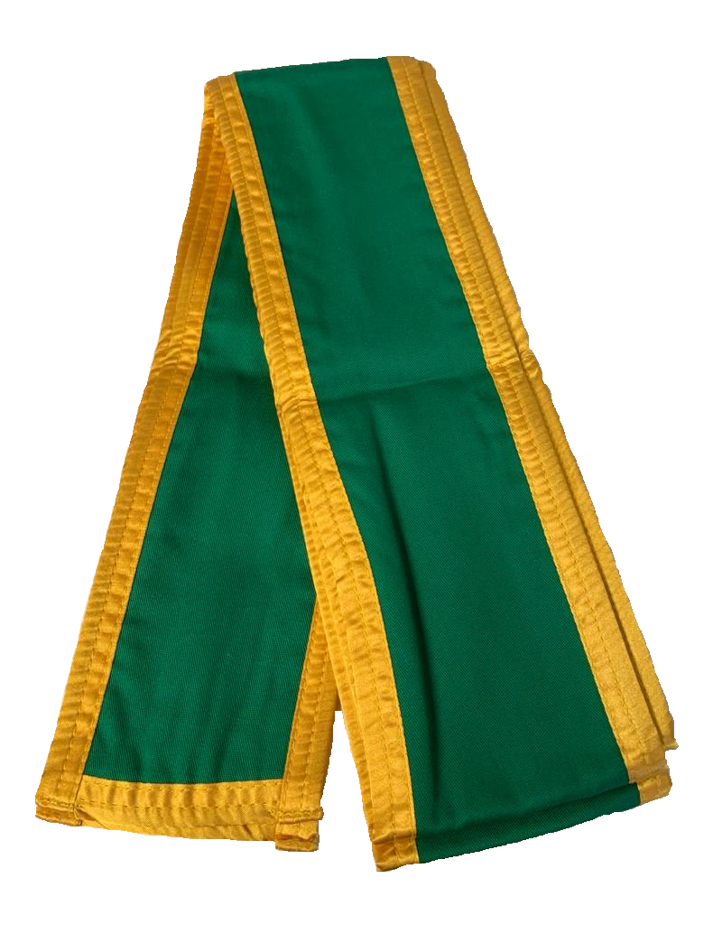 Großmeister Kung-Fu Schärpe Baumwolle grün mit goldenem Rand 300 x 10 cm