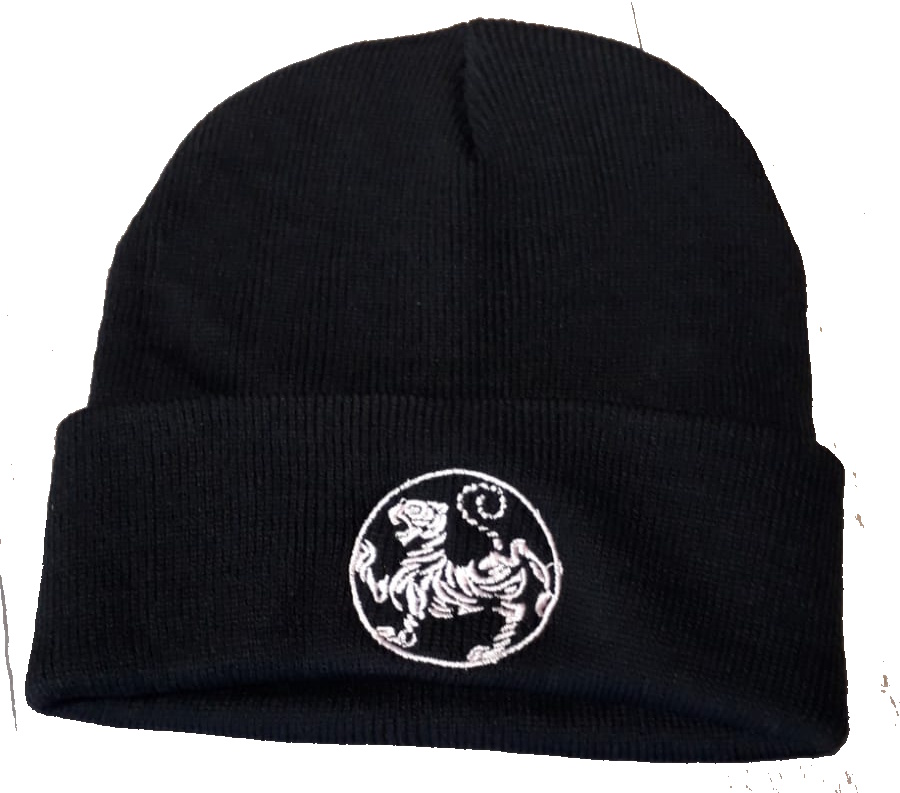 Winter Wollmütze schwarz, Bestickung Shotokan Karate Tiger