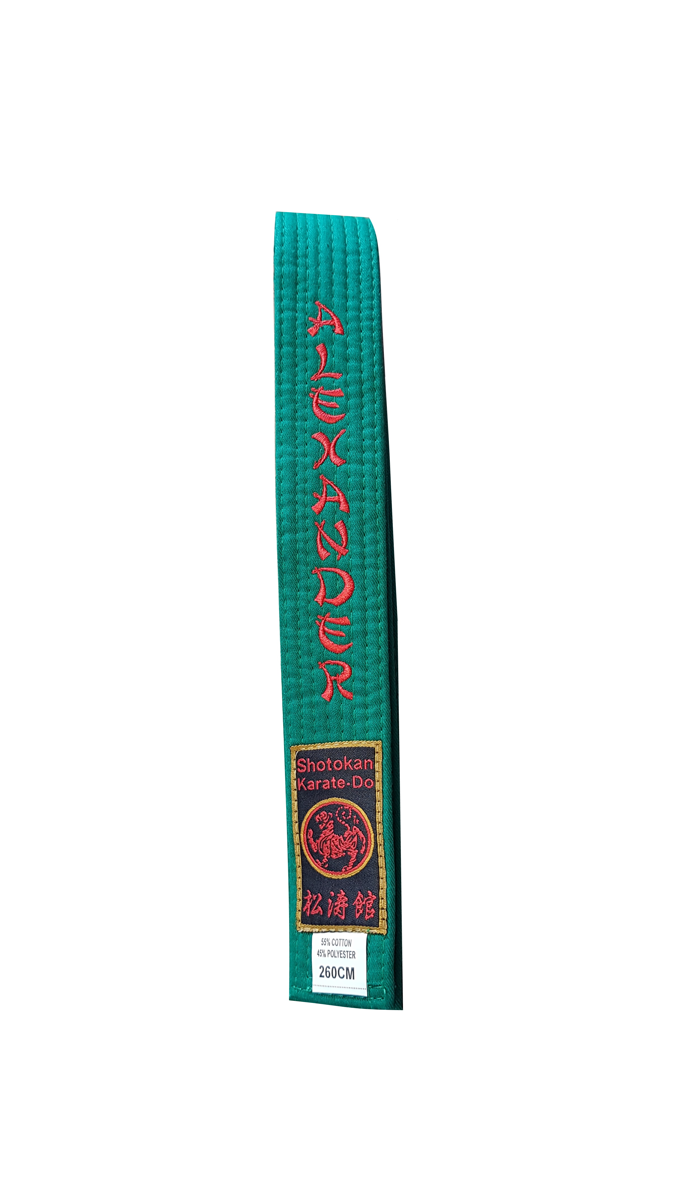 Karategürtel grün Shotokan Sonderedition bestickt mit "Alexander" 260 cm (%SALE)