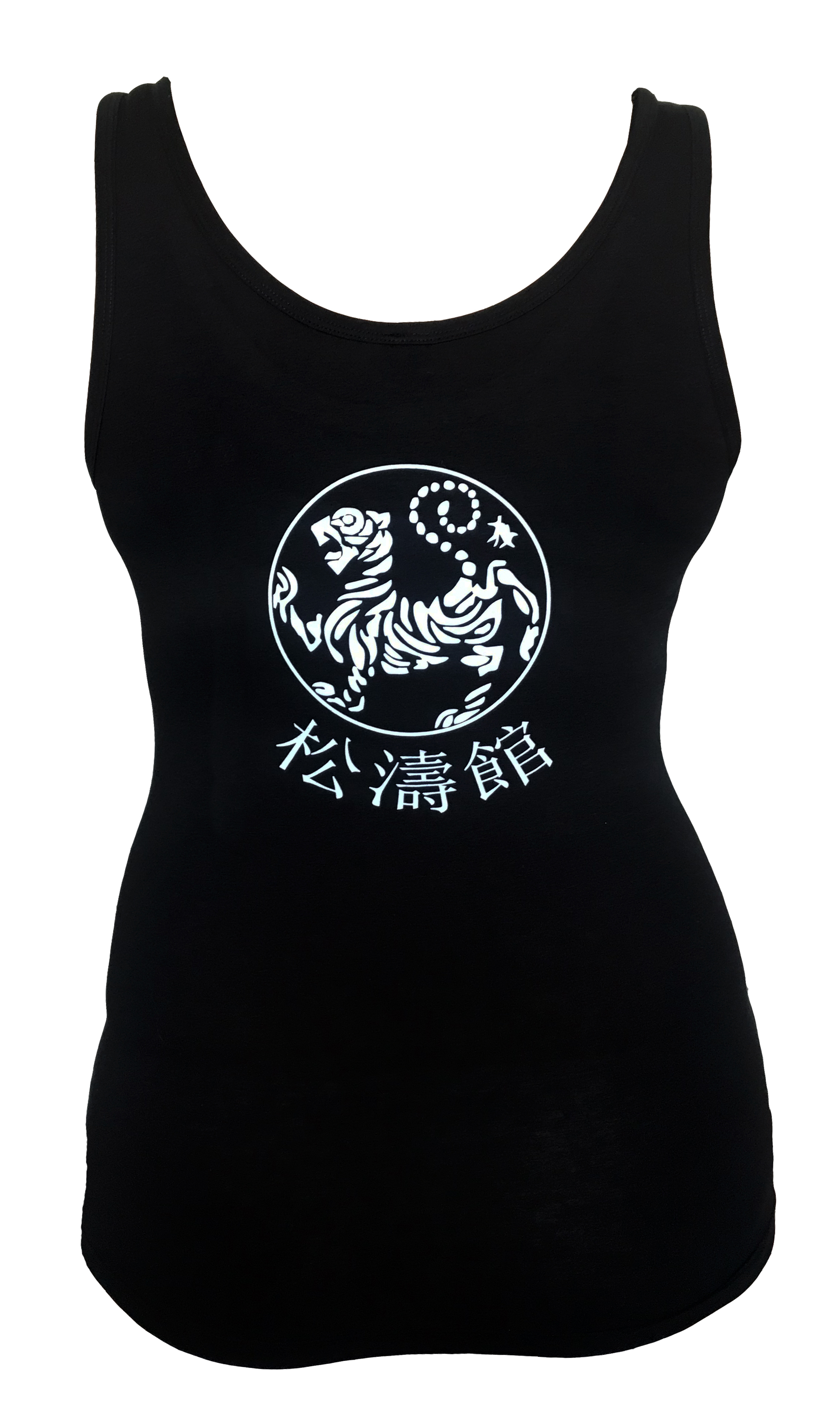 Karate Frauen Top schwarz mit Shotokan Tiger und Schriftzeichen beflockt