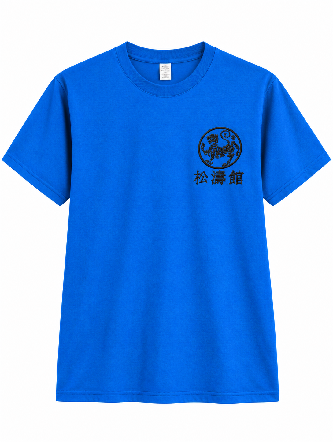 Karate T-Shirt mit Shotokan Tiger und Schriftzeichen blau / schwarzer Flock Brustflock L (%SALE)