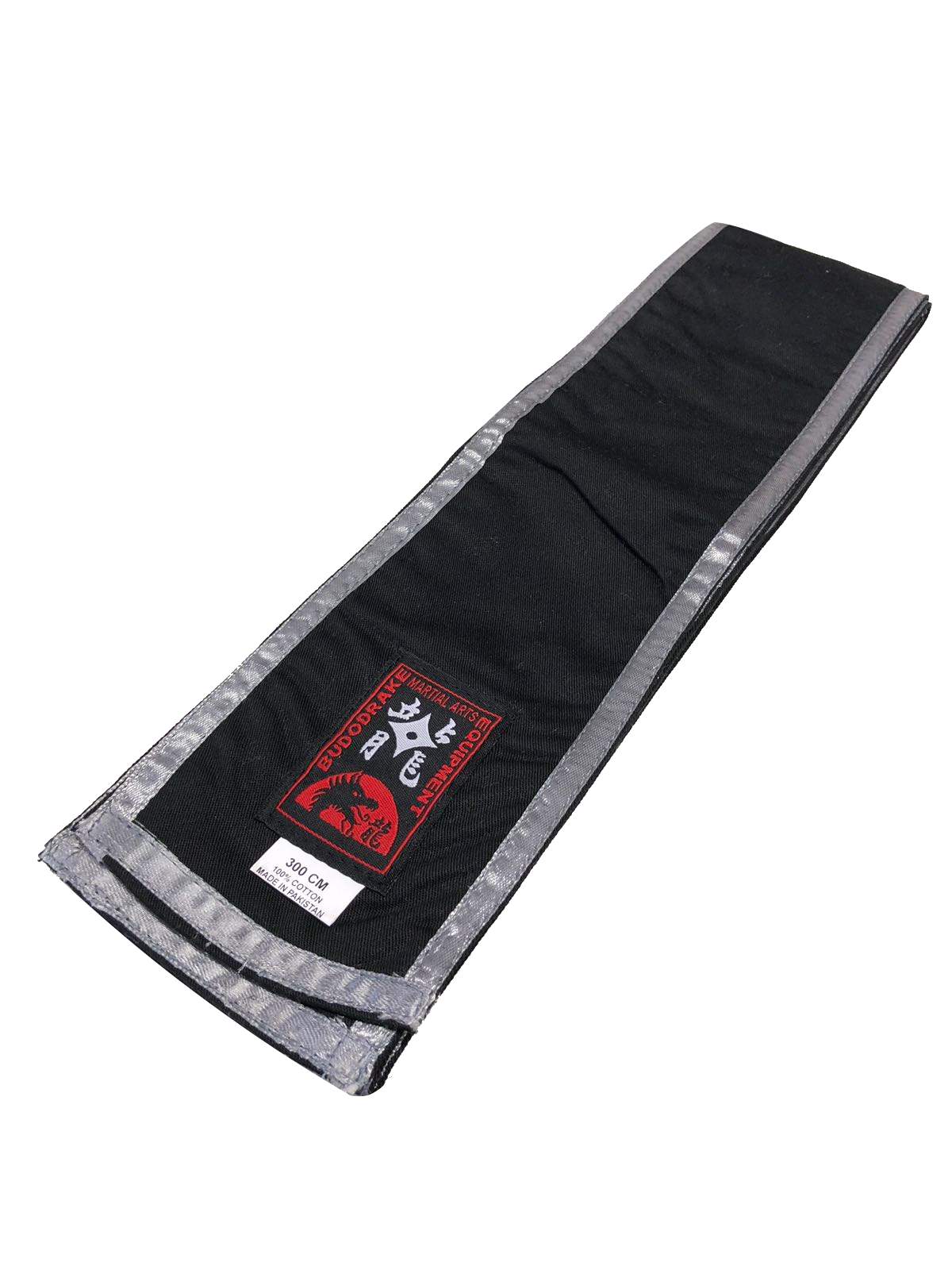 Großmeister Kung-Fu Schärpe Baumwolle schwarz mit silbernem Rand 300 x 10 cm