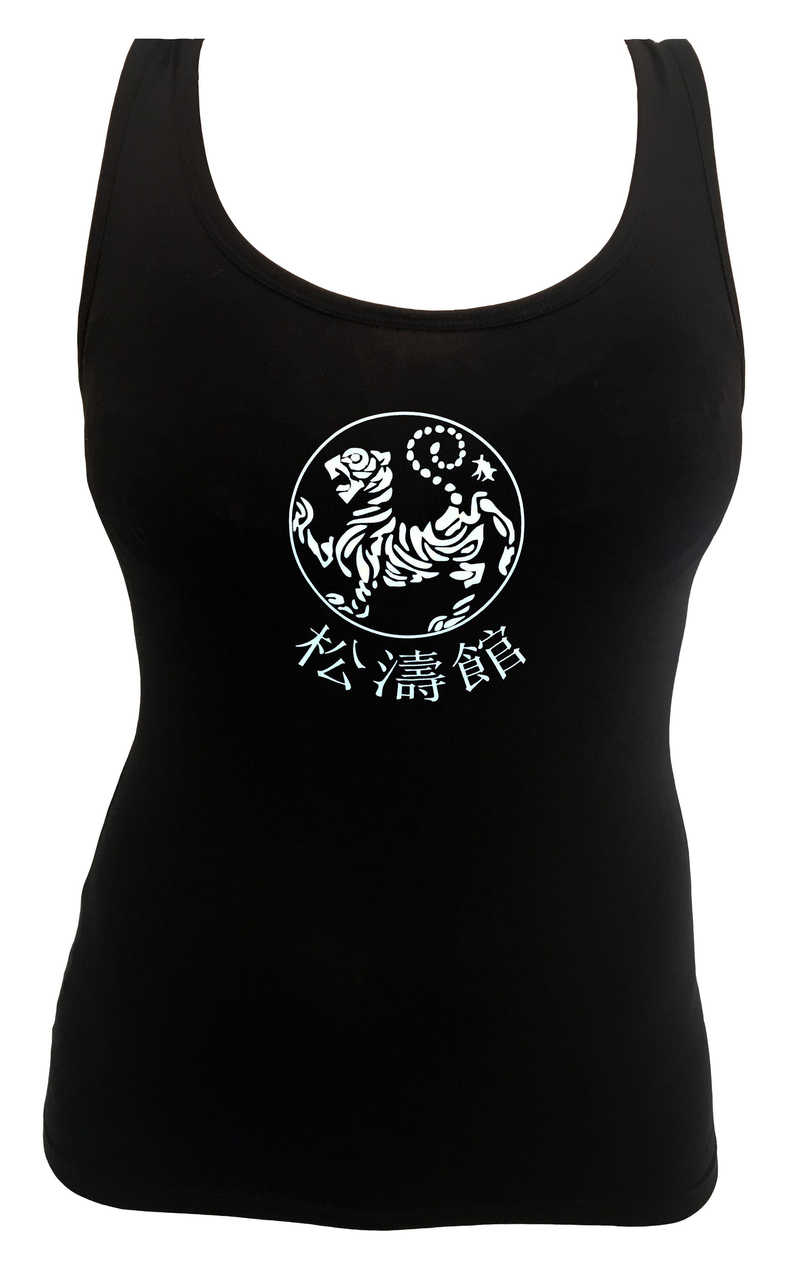 Karate Frauen Top schwarz mit Shotokan Tiger und Schriftzeichen beflockt
