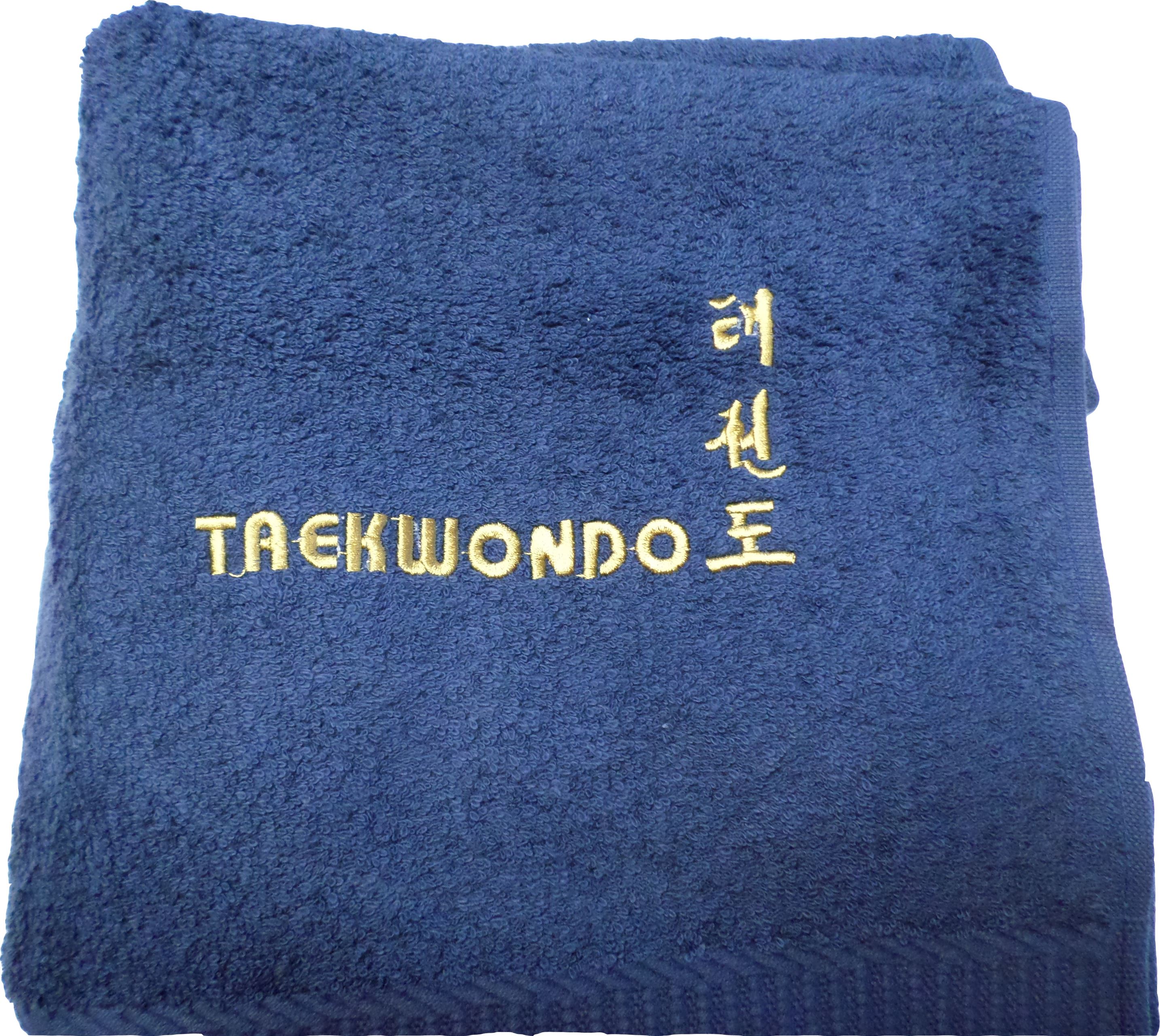 Handtuch / Duschtuch blau, bestickt Schrift / Zeichen Taekwondo