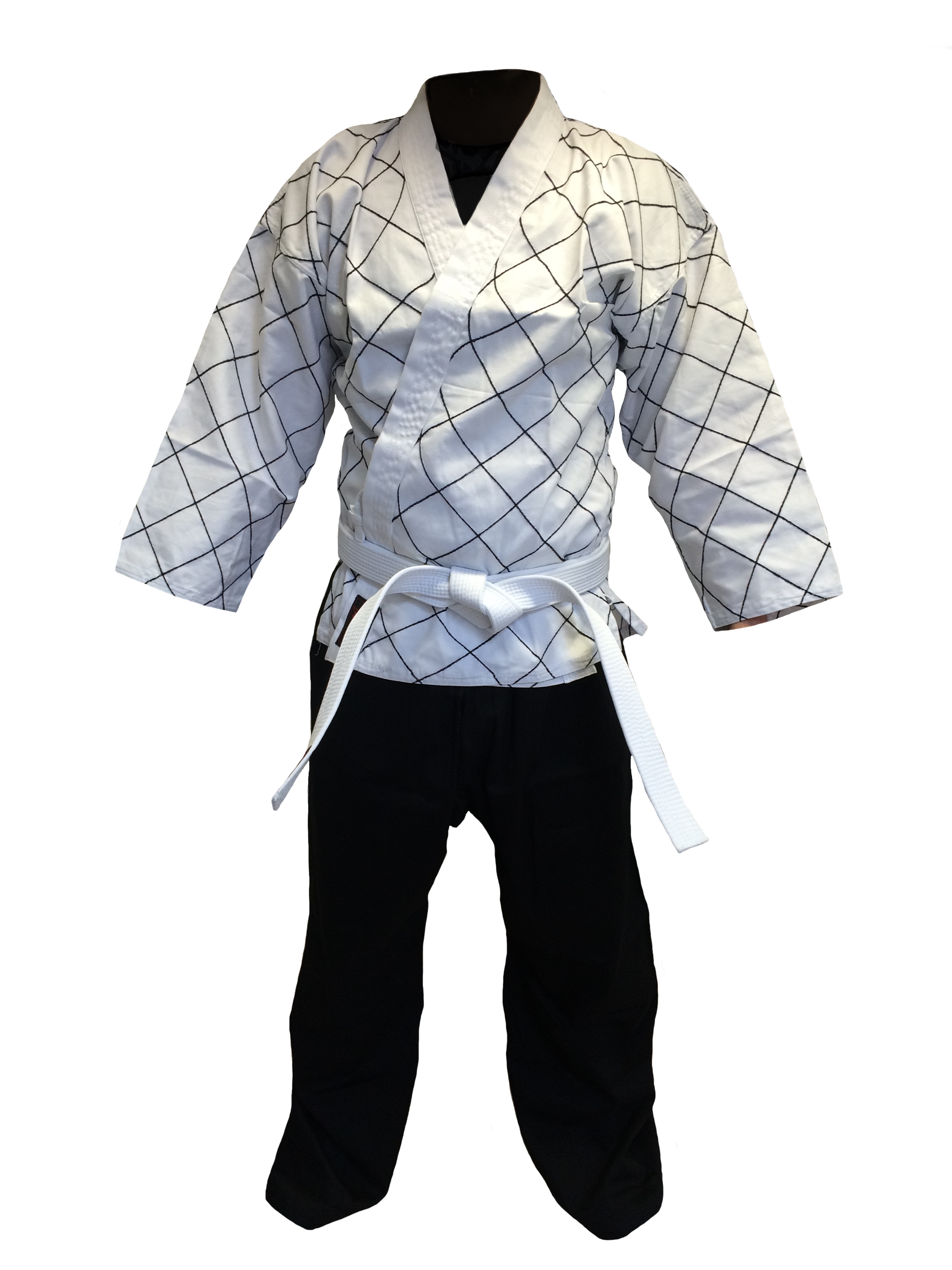 HAPKIDO Anzug WEISSE Jacke mit Rautenmuster, SCHWARZE Hose 150
