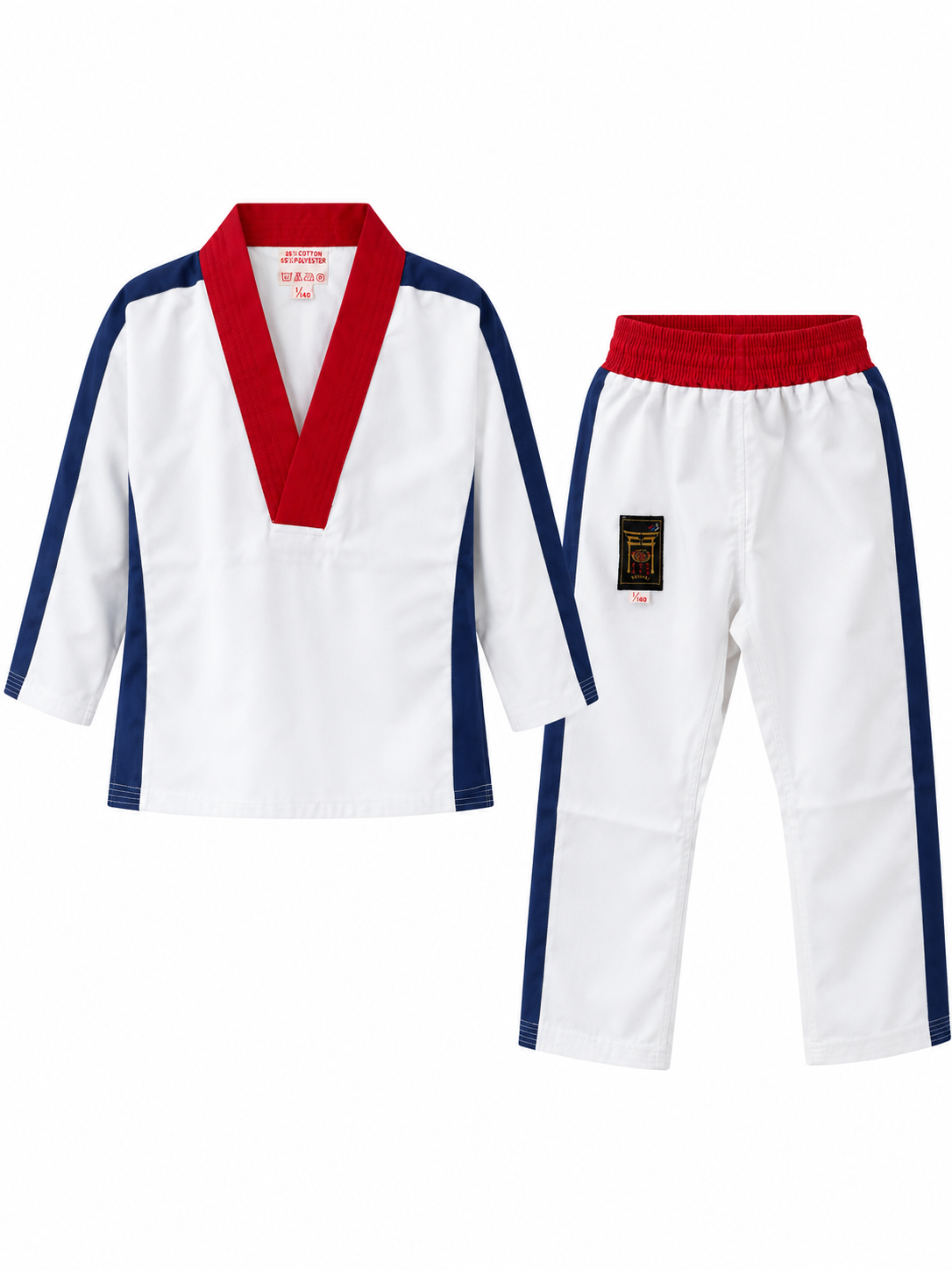 Taekwondo Anzug weiß, mit rot-blauem Streifen 140 cm (%SALE)