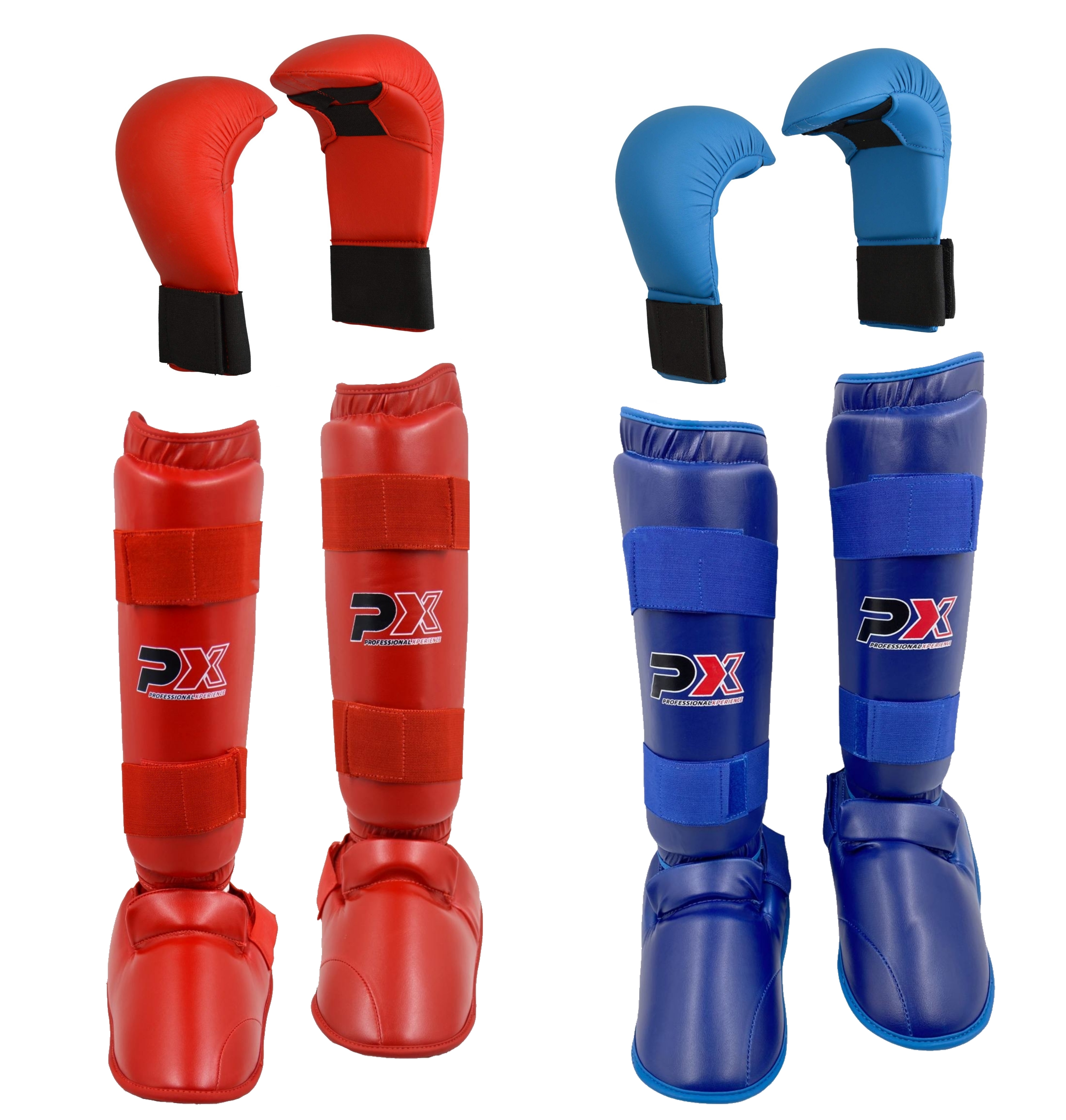 Karate Wettkampf SET Faustschützer u. Schienbeinspannschutz ROT + BLAU