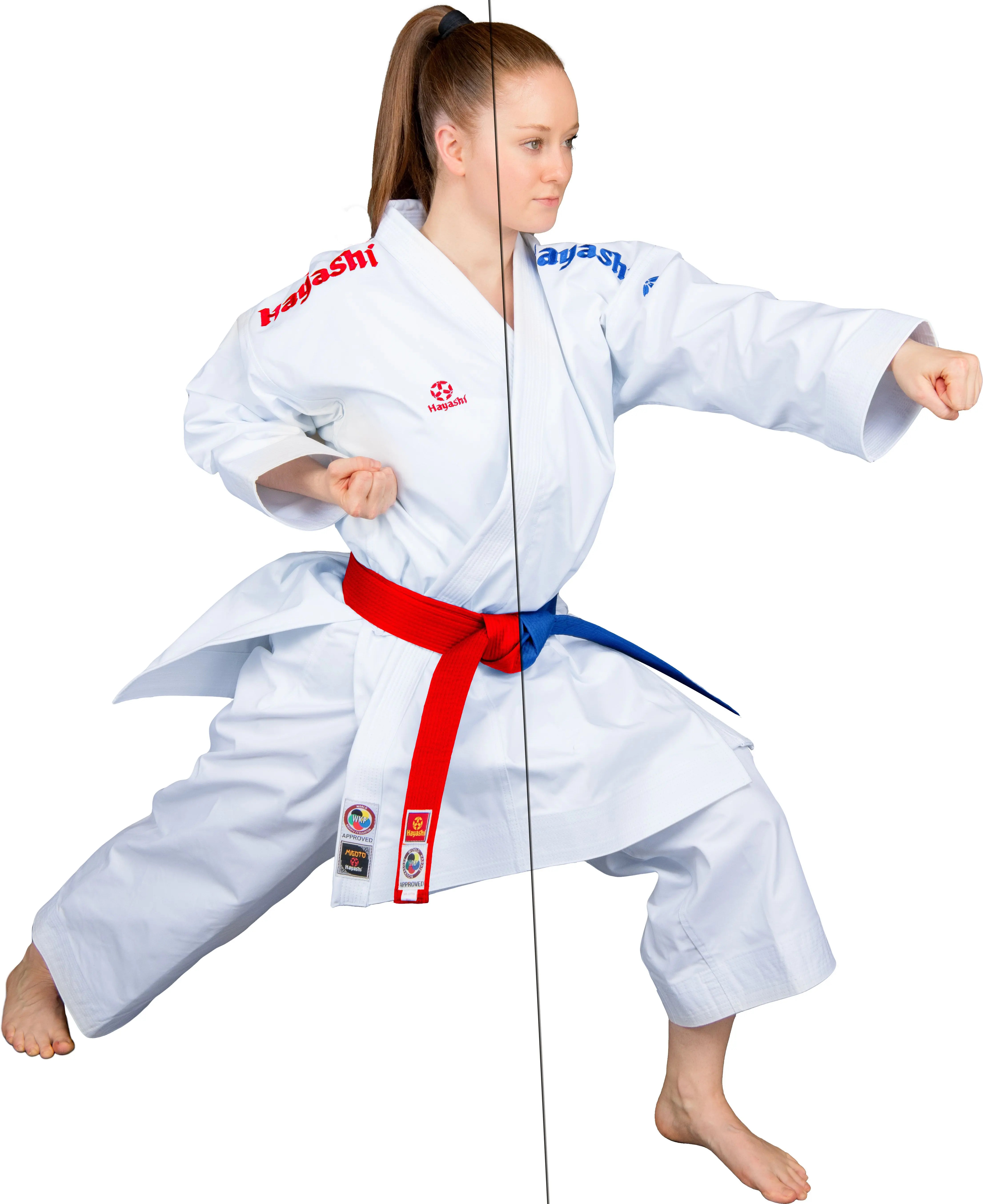 Karate-Gi "Migoto" weiß, mit roten und blauen Stick 195cm