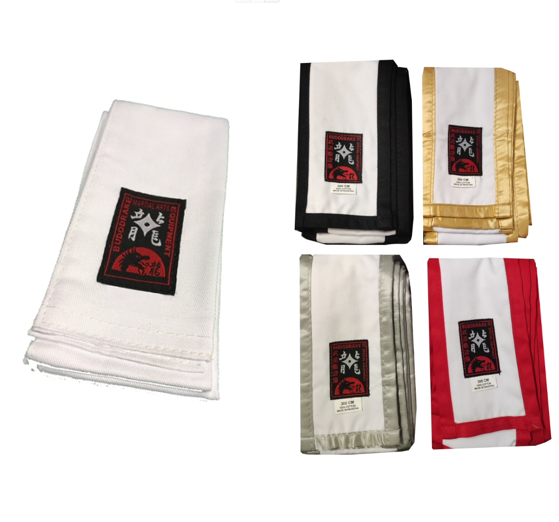 Großmeister Kung Fu Schärpe Baumwolle Weiß 300 x 10 cm mit rotem Rand