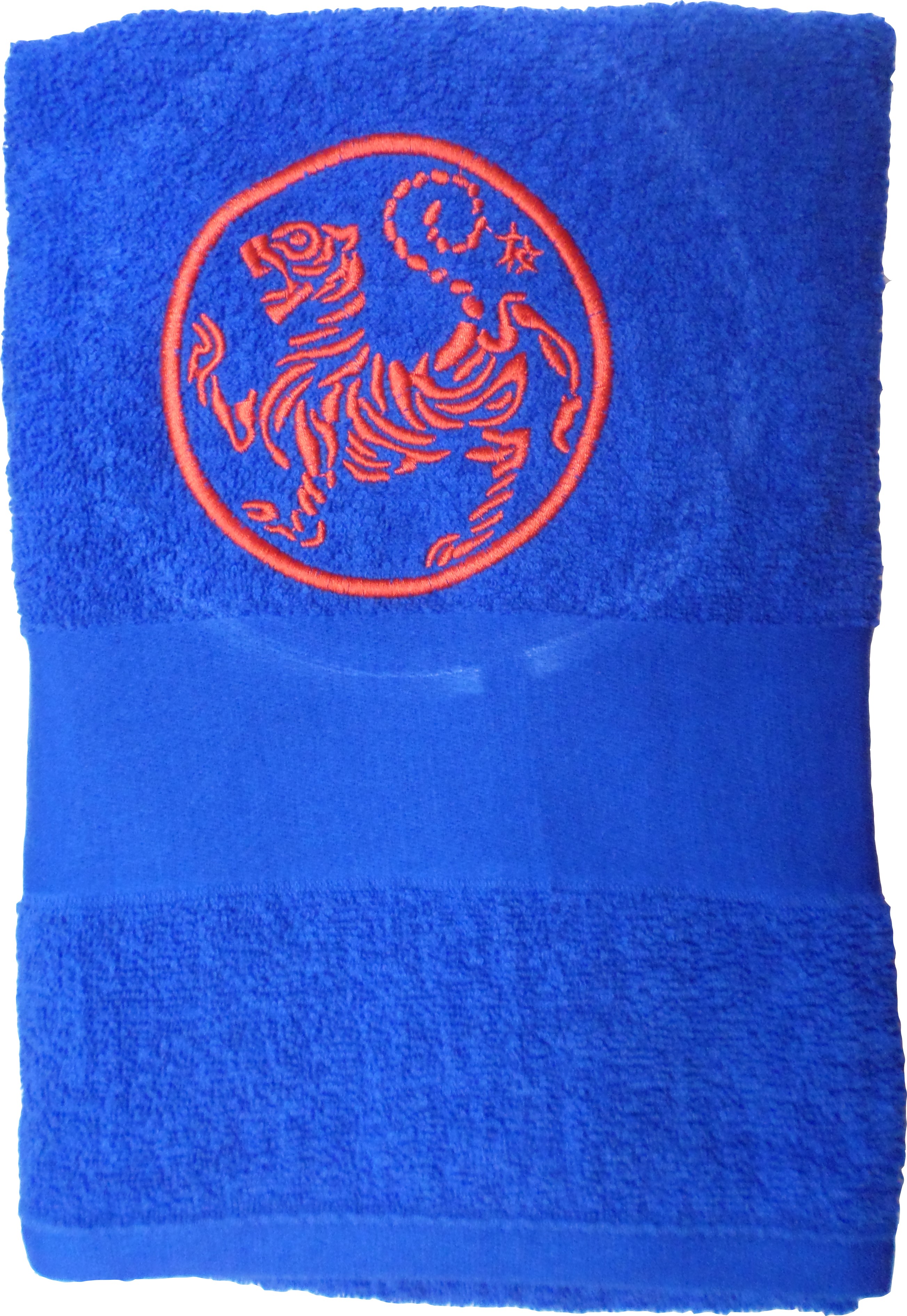 Duschtuch blau 140 x 70 / bestickt "Shotokan Tiger" rot