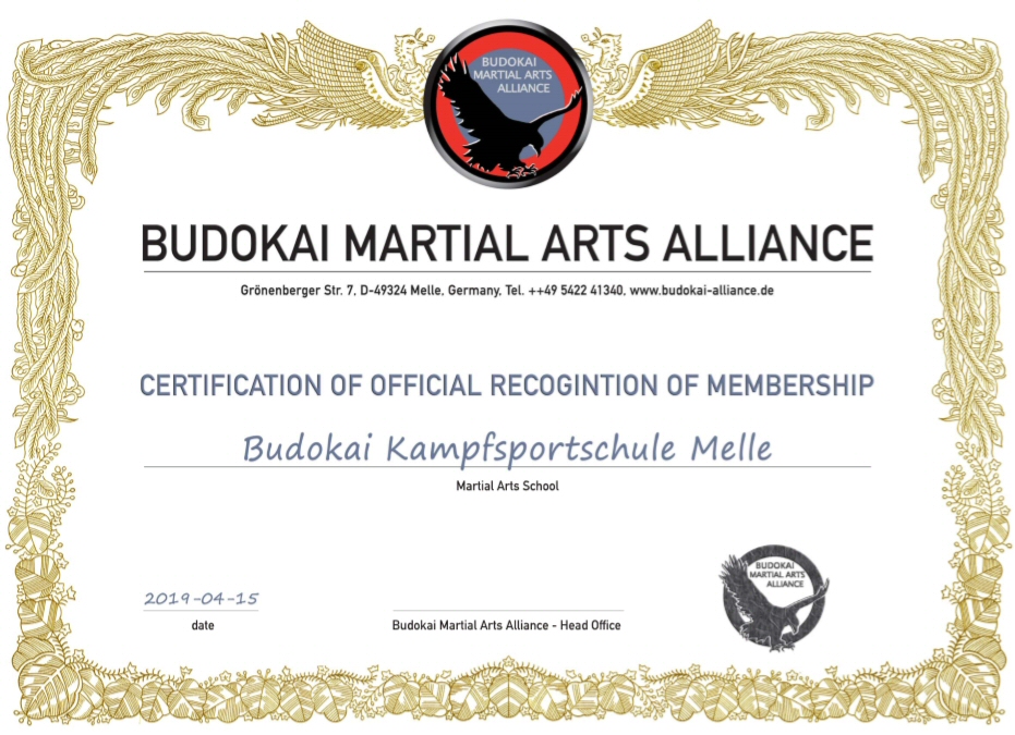 Mitgliedsurkunde Budo Alliance Schule
