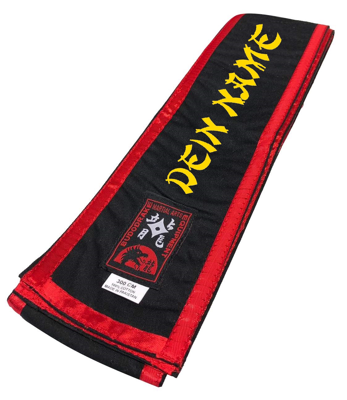 Kung Fu Schärpe schwarz mit roten Kanten, bestickt nach Wunsch