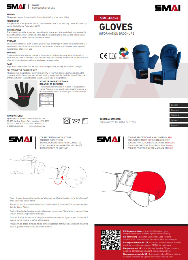 SMAI WKF Karate Handschutz mit Daumen blau XL