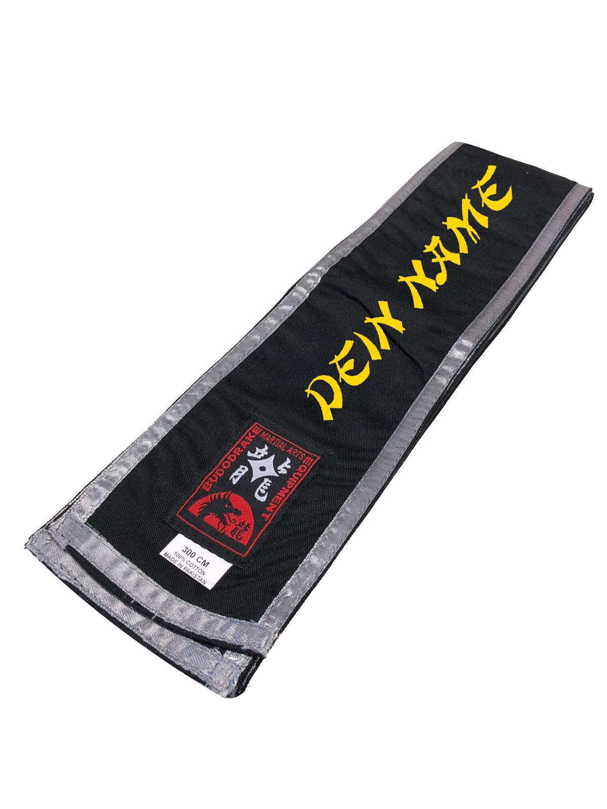 Kung Fu Schärpe schwarz mit silbernen Kanten, bestickt nach Wunsch