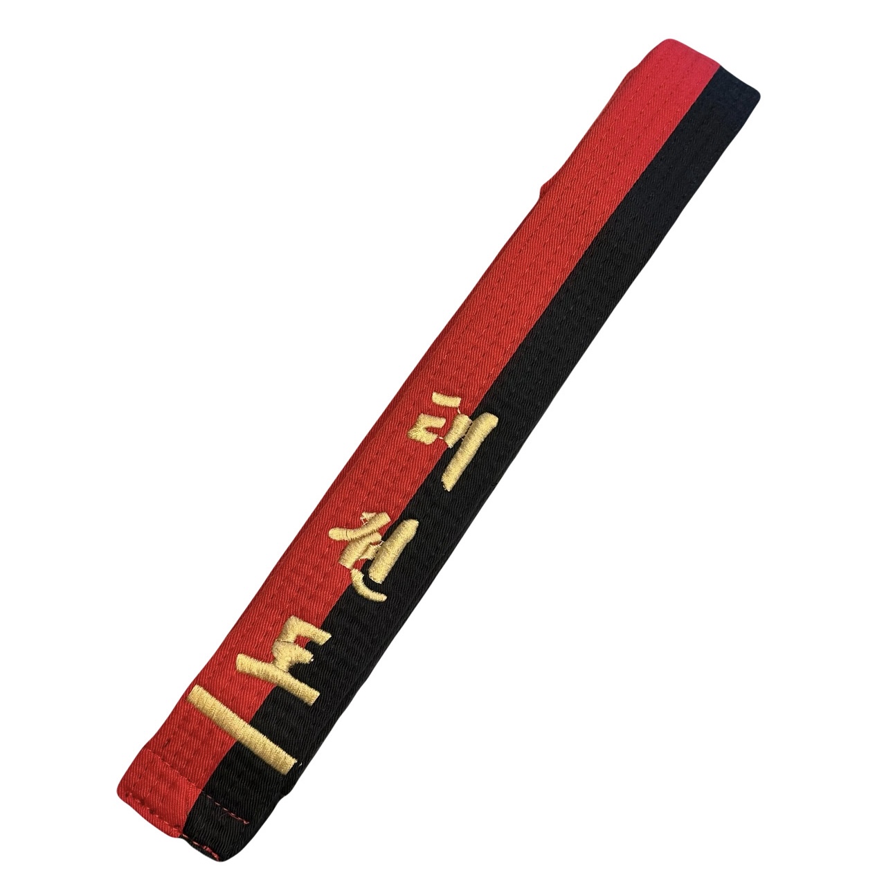 Rot-Schwarzgurt (Halb-Halb gestreift) bestickt mit "Taekwondo" und mit eine Dan-Streife 230 cm (%SALE)