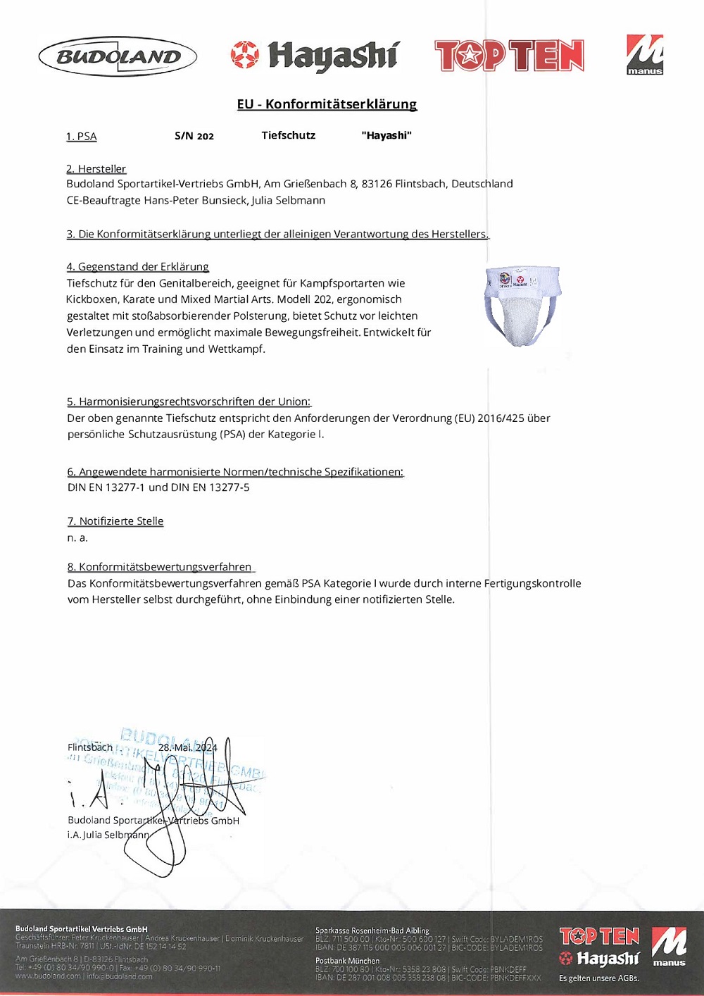 HAYASHI Tiefschutz WKF zugelassen