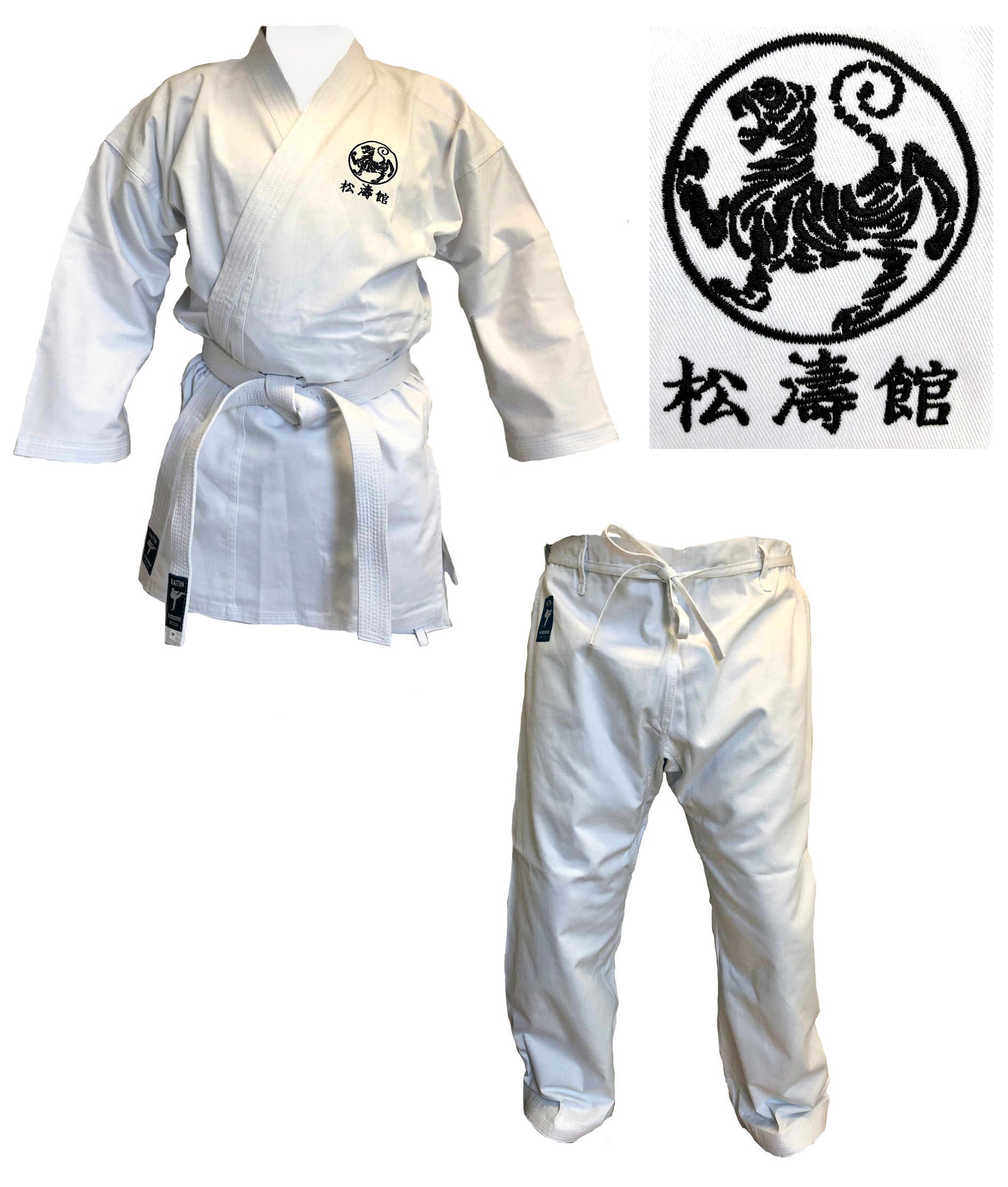 Kaiten Karateanzug Spirit Slim mit Shotokan Tiger + Kanji Bestickung