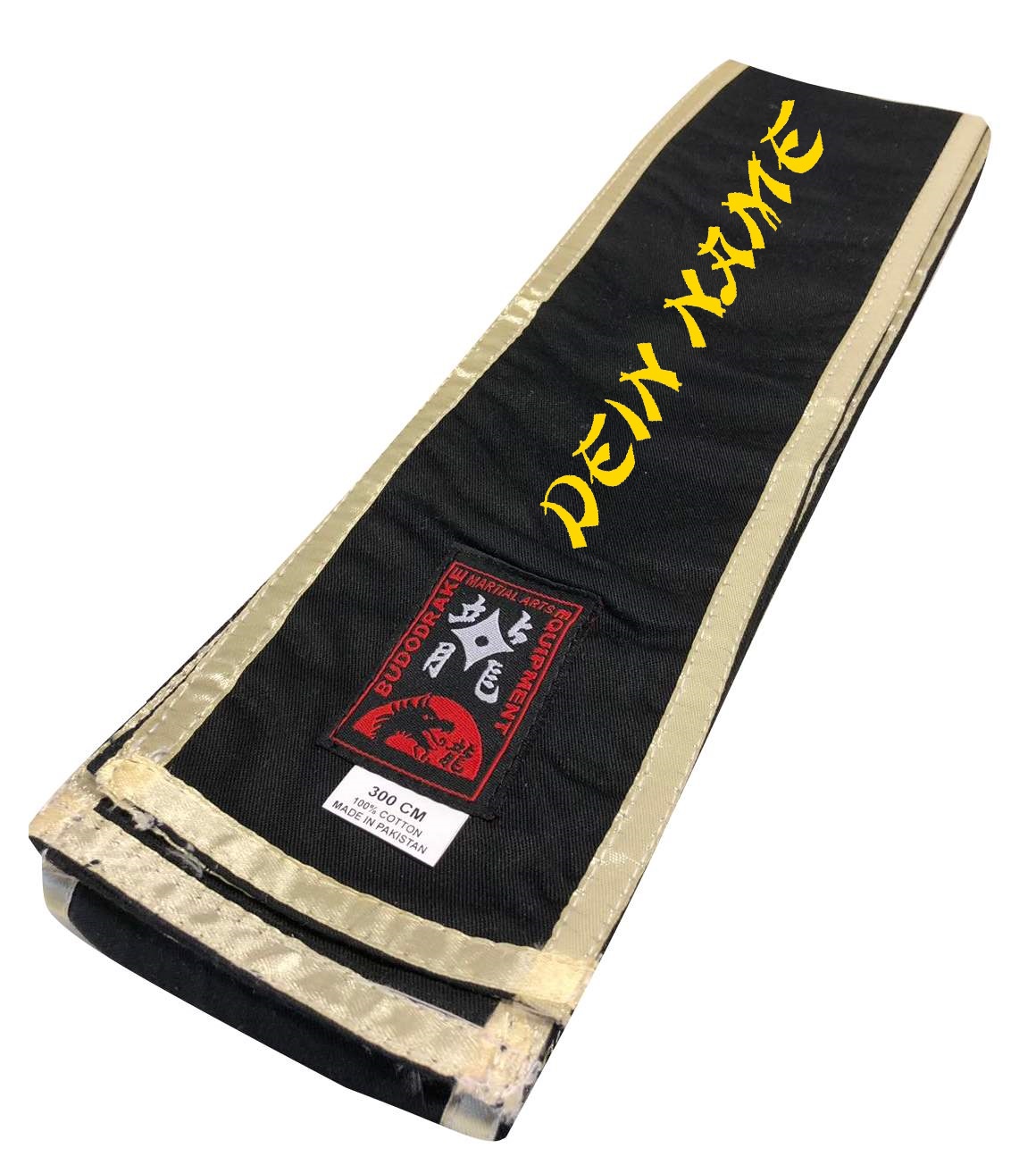 Kung Fu Schärpe schwarz mit goldenen Kanten, bestickt nach Wunsch