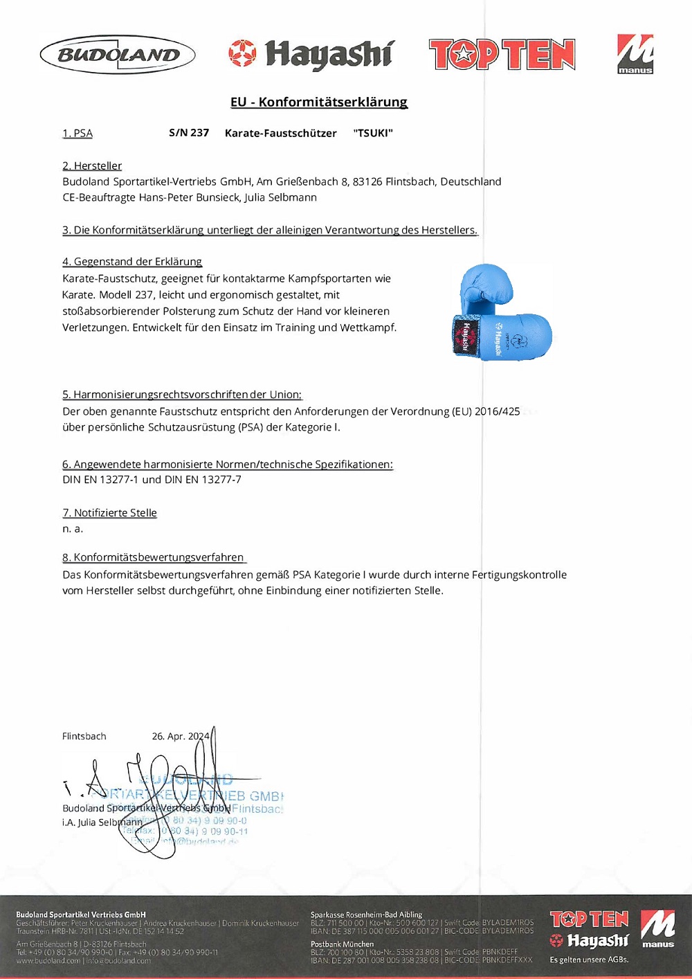 HAYASHI Karatefaustschützer „TSUKI“ WKF-approved blau