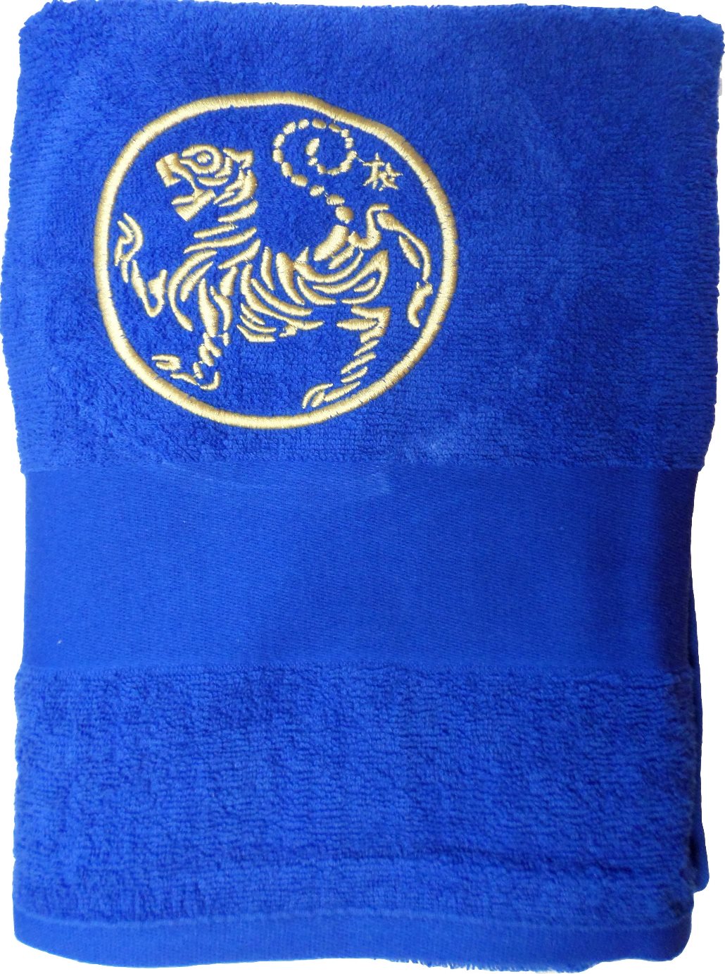 Duschtuch blau 140 x 70 / bestickt "Shotokan Tiger" gold