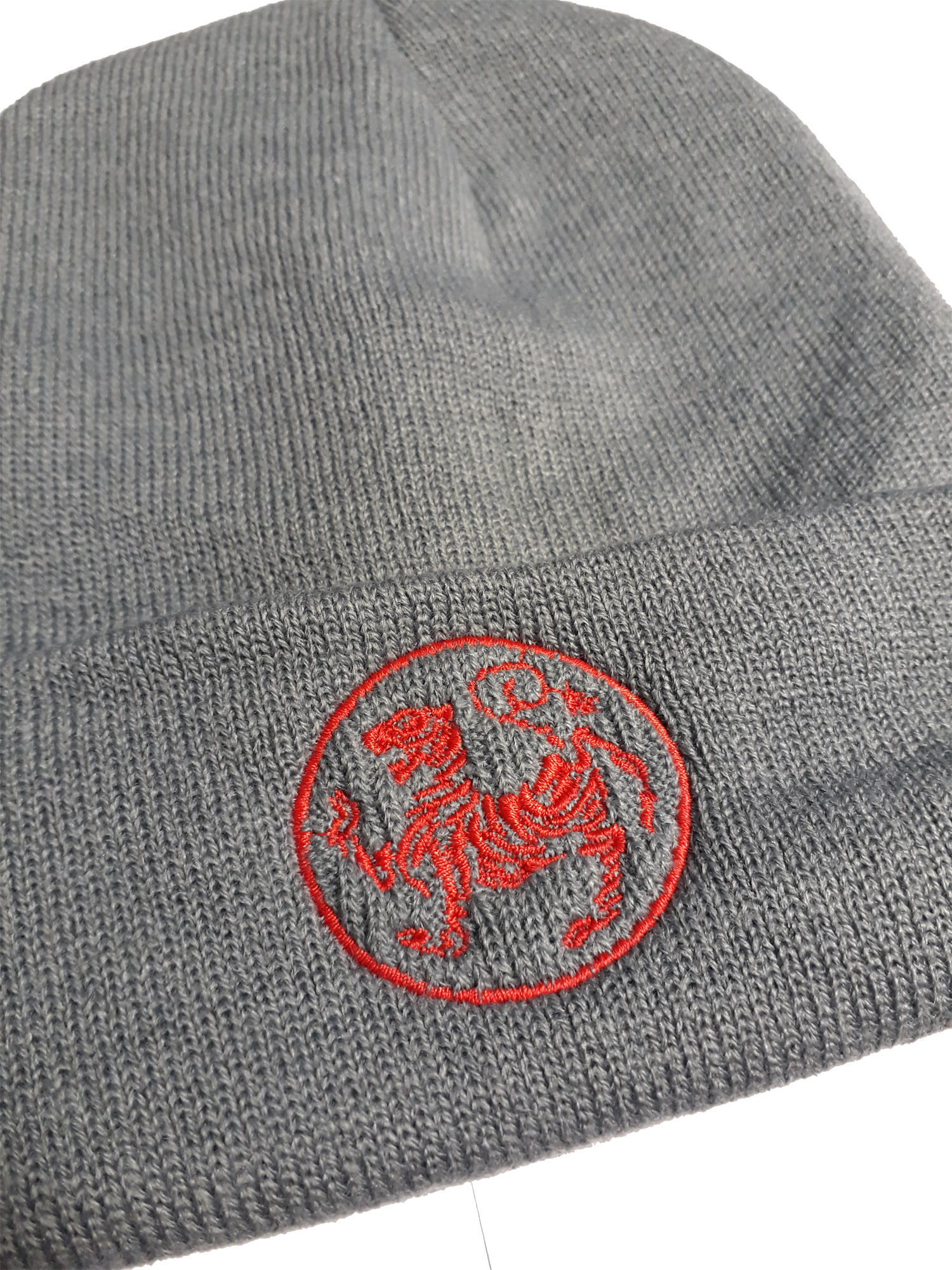 Winter Wollmütze grau bestickt Shotokan Karate Tiger rot